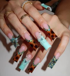 Dark Green Leopard Nails, Teal Nails Turquoise, Blue Cheetah Nails, Cowboys Nails, Greek Nails, Nails Leopard, Gyaru Nails, Teal Nail Designs, Cowboy Nails