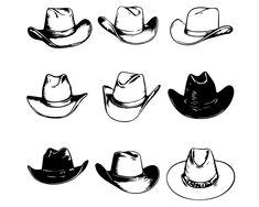 six hats drawn in black and white on a white background