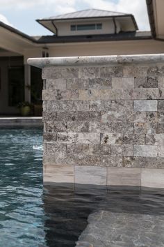 Yosemite | Waterfall | NPT Pool Tile Stacked Stone Pool Wall, Npt Pool Tile Waterline, Pool Stone And Tile Ideas, Npt Pool Tile, Pool And Pool House Ideas, Travertine Pool Decking, Waterline Tile, Yosemite Waterfalls