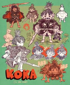 an image of some anime characters on a green background with the words koka above them