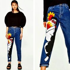 Spectacular, Killer Design Jeans From Zara Trf Oil On Denim Limited Edition Collection. This Unique Collection Features The Work Of Artists Ricardo Cavolo, Mercedes Bellido, & Mario De Santiago. These Jeans Are A Truly Rad Piece Of Art! Comes In Blue Denim. Fuchering 5 Pockets Design, Flattering High-Waist Silhouette, And Incredible Oil Painting On The Right Leg. The Oil-Painted Denim Jacket From The Same Collection Is Also Available For Sale. Made From High-Quality Cotton. Size 00, Fit Like Sma Blue Graphic Print Jeans For Fall, Fall Graphic Print Blue Jeans, Fall Blue Jeans With Graphic Print, Design Jeans, Painted Denim Jacket, Pockets Design, Painted Denim, Denim Collection, Zara Jeans