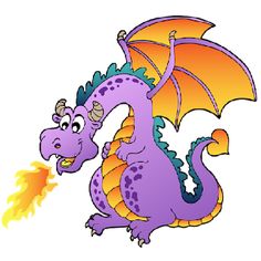 a purple dragon with orange wings is holding an orange flame