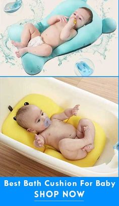 two pictures of babies in bath tubs with the words best bath cushion for baby shop now