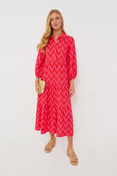 Hot Pink Ikat Mabel Maxi Dress Trendy Block Heels, Classic Dresses, Chic Blouses, Ikat Print, Ladies Shoes, Tier Skirt, Flower Studs, Tiered Skirt, Covered Buttons