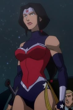 an animated image of a woman in a red and blue costume standing next to a man