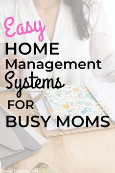 a woman working on her laptop with the text easy home management systems for busy moms