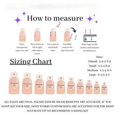 Are you unsure what size to order? Are you unsure how a certain nail shape will look on you? With this nail sizing kit you will be able to accurately size your nails by trying all the sizes offered in that shape and length. It is also a great way to test how a certain shape looks on you! Purchase this sample sizing kit if you are not sure what size you wear or unsure of your measurement! You can quickly and correctly find your size fast! This product also ships fast! What is a sizing kit? A sizing kit will include 10 numbered(some have 12), unpainted nails that you can place on your own nail until you find the sizes you would like. Then you can write them down on the supplied card, and keep it safe until you're ready to order from us. That way you can be confident in knowing that your sets Nail Sizes Shape Chart, Unpainted Nails, Best Nail Shape, Nail Sizing Kit, Shape Chart, 2024 Nails, Nail Tape, Acrylic Press On Nails, Wedding Crafts Diy