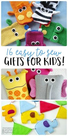 16 Easy to Sew Gifts for Kids - perfect for handmade Christmas presents or special Birthday gifts - at B-Inspired Mama #kids #sewing #diy #crafting #crafts #patterns Sew Gifts For Kids, Easy To Sew Gifts, Shoebox Crafts, Fcs Classroom, Sew Gifts, Handmade Christmas Presents, 16 Gifts, Holiday Hand Towels, Felt Puppets