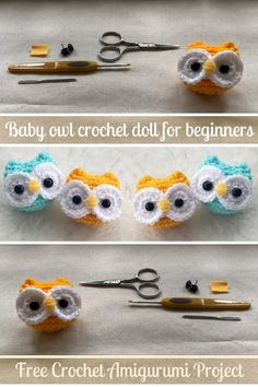 crocheted owls made with yarn and scissors are shown in three different stages to make them