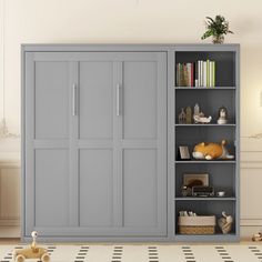 a room with a bookcase and toys on the floor