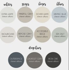 the different shades of gray and white are featured in this graphic guide for interior paint colors