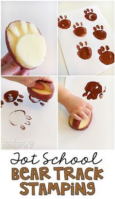 the instructions for how to make bear track stamps with apples and paw prints on them