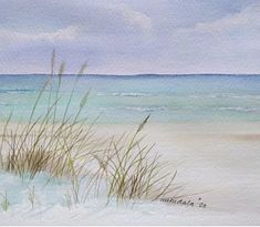 watercolor painting of beach scene with grass and ocean in the foreground, on white sand