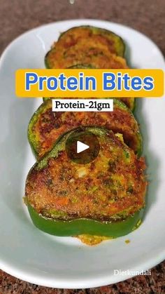 a white plate topped with green peppers covered in sauce and text that reads protein bites