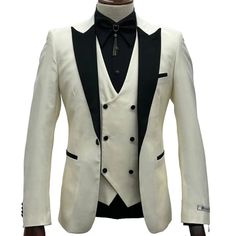 This Ivory Tuxedo - Cream Wedding Suit Is Perfect For Groom And Groomsmen Center Vent Slim Fit Suit 1 Button Shawl Lapel Double Breast Vest. Wedding Tuxedo With Single Button, Elegant White Slim Fit Three-piece Suit, White Slim Fit Elegant Three-piece Suit, White Three-piece Suit With Notch Lapel For Party, Fitted White Suit For Wedding, Beige Notch Lapel Tuxedo For Wedding, White Notch Lapel Wedding Sets, White Notch Lapel Sets For Wedding, Beige Fitted Tuxedo Set