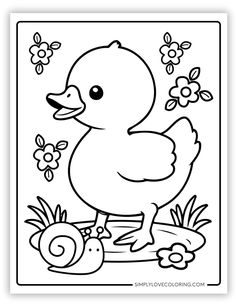 a black and white drawing of a duck with flowers