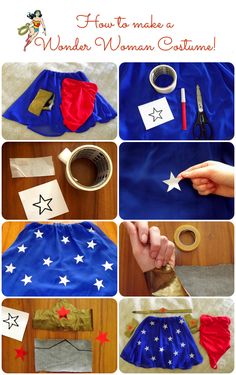 how to make a wonder woman costume with paper stars and ribbon around the waist,