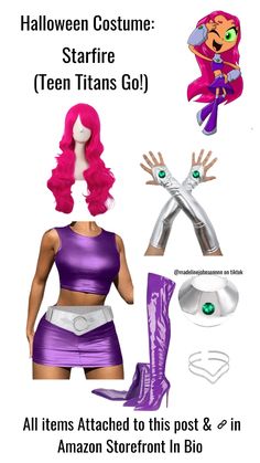 Items linked to this post / in amazon storefront in bio!  Halloween | Costume | Costume idea  | Madeline Johnson |  It girl costume | It girl | solo duo group trio starfire easy unique non basic pink hair purple cartoon teen titans go superhero hot slay Plus Size Starfire Costume, Black Starfire Costume, Starfire Cosplay Ideas, Hot Pink Hair Outfit Ideas, Halloween Costumes Duo Not Basic, Starfire Halloween Costume Diy, Women Hero Costumes, Star Fire Costume Diy, Halloween Costumes Starfire