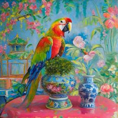 a painting of a parrot sitting on top of a vase with flowers in the background