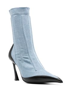 Mugler 95mm Denim Boots - Farfetch Fitted Light Blue Pointed Toe Boots, Denim Blue Pointed Toe Boots, Knight Boots, Denim Boots, Wardrobe Edit, Chanel 2, Iconic Bags, Loafer Mules, Boot Bag