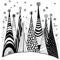 a black and white drawing of christmas trees