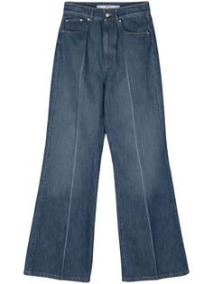 indigo blue cotton denim stonewashed pressed crease high-rise belt loops concealed fly and button fastening classic five pockets wide leg Wide Leg Medium Wash Jeans For Work, Wide Leg Recycled Denim Pants For Work, Dark Wash Wide Leg Work Pants With Five Pockets, Wide Leg Recycled Denim Jeans, Wide Leg Flare Jeans With Five Pockets For Work, Denim Blue Wide Leg Flare Jeans In Recycled Denim, Washed Blue Flare Jeans With Five Pockets, Dark Wash Denim Flare Jeans For Work, Denim Blue Flare Jeans In Recycled Denim