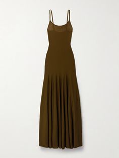 The minimal design of Khaite's 'Ember' maxi dress ensures you can wear it for casual occasions or events with more elevated dress codes. Finely knitted from a merino wool-blend, it has slim straps and closely skims your figure before falling to a floaty, softly pleated hem. Style yours with the coordinating cardigan in the same 'Dark Olive' shade. Olive Colored Dress, 2023 Wishlist, Olive Clothing, Merino Wool Dress, Wool Sweater Dress, Dresses Casual Fall, Grey Maxi Dress, Maxi Jersey Dress, Dreamy Dress