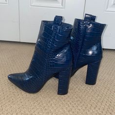 Blue Pleather. Never Worn. Trendy Blue Leather Boots, Blue High Heel Synthetic Boots, Blue Pointed Toe Heels For Fall, Formal Blue Ankle Boot Heels, Blue Block Heel Heels For Fall, Trendy Blue Ankle Boot Heels, Blue Block Heels For Fall, Trendy Blue Heels For Fall, Blue Ankle Boot Heels For Fall