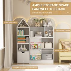 an image of a living room setting with furniture and accessories labeled in the words, ample storage space farewell to chaos