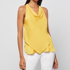 Bcbgmaxazria Honey Gold Halter Top Ties In Back Brand New With Tags Elegant Yellow V-neck Top, Elegant Yellow Summer Tops, Elegant Yellow Tops For Summer, Chic Yellow V-neck Top, Gold Halter Top, White Peplum Tops, Victorian Blouse, Georgette Tops, White Peplum