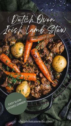 irish lamb stew with potatoes and carrots in a skillet