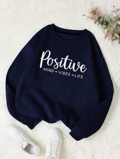 Navy Blue Casual Collar Long Sleeve Fabric Letter Pullovers Embellished Slight Stretch Fall/Winter Women Sweatshirts Style Bleu, Trendy Hoodies, Girls Fashion Clothes, Teen Fashion Outfits, Online Clothing Stores, Latest Fashion Clothes, Teen Fashion