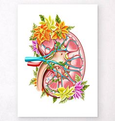 an illustration of the inside of a human body with flowers and scissors on it's side