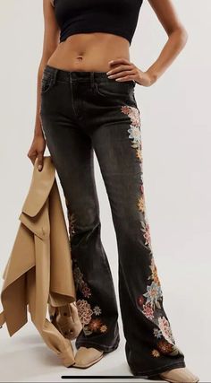 Summer Floral Embroidery Flare Jeans, Spring Floral Embroidered Flare Jeans, Driftwood Embroidered Jeans, Bohemian Mid-rise Flare Jeans In Medium Wash, Free People Flare Jeans, New Uses, Flare Jeans, Black Floral, Maui