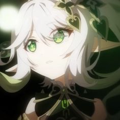 an anime character with green eyes and white hair