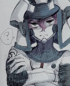 a drawing of a person wearing a helmet and holding a cell phone in their hand