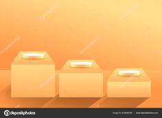 three gold podiums with white bases on an orange background stock photo and royalty illustration