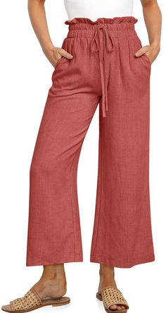 PRICES MAY VARY. Casual Linen Pants - US SIZE: S=US(4-6), M=US(8-10), L=US(12-14), XL=US(16-18), XXL=US(20-22), our palazzo pants feature a drawstring, elastic high waist, and relaxed style to flatter all body types. Occasion - This wide leg capri trousers suit for vacation, beach, travel, work, outdoor activity, home and lounge wear. They are so light weight,flowy,comy and stylish looking for any occasion. Featurs - Linen material, slouchy style, elastic draswtring hig wasited, 2 Side deep pock Cropped Trousers Outfit, Womens Linen Pants, Linen Pants Summer, Summer Linen Pants, Casual Linen Pants, Capri Trousers, Trouser Outfit, Slouchy Style, Pants Summer