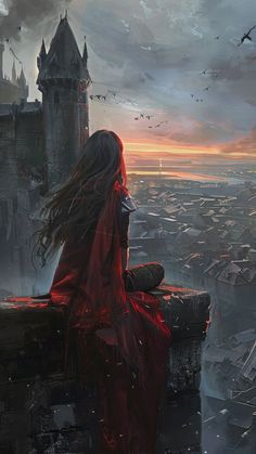 a woman with long hair sitting on top of a building looking out at the city