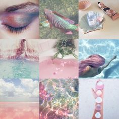 a collage of photos with mermaids, seashells and other things in them