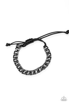 Shiny black cording knots around the ends of an ornate gunmetal beveled cable chain that is wrapped across the top of the wrist for a versatile look. Features an adjustable sliding knot closure. Sold as one individual bracelet. Sliding Knot Bracelet, Adjustable Sliding Knot, Paparazzi Accessories Jewelry, Mens Bracelet Black, Paparazzi Consultant, Sliding Knot Closure, Rule Breaker, Knot Bracelet, Sliding Knot