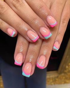 Creative French Tip Nails Short, Colorful French Tip Nails Square, Summer Nail Ideas 2023, Gel Ideas, Nails 23, Make Nails, Preppy Nails, 2023 Nails