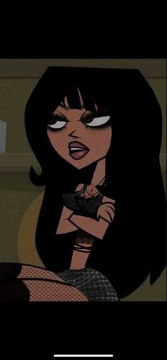 an animated image of a woman with black hair and piercings on her head, wearing a bra