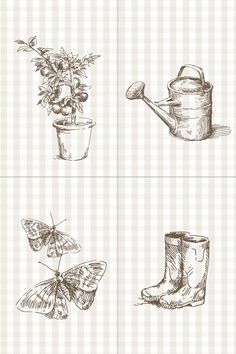 four different drawings of flowers and gardening items