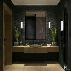 a bathroom with two sinks, mirrors and plants on the counter top in front of it