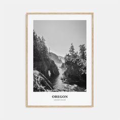 an image of oregon in black and white with the words oregon on it, surrounded by trees