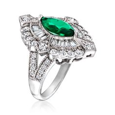 Ross-Simons - 1.50ct Simulated Emerald, 1.70ct t. w. Cubic Zirconia Ring Marquise Cut in Silver. Size 7. A real treat, this vintage-style ring features so many thoughtful details and is still priced to please. A vivid 1.50 carat marquise simulated emerald glows a pretty green, as 1.70 ct. t. w. baguette and round brilliant-cut CZs add icy sparkle. Crafted in polished sterling silver with milgrain details. 1" wide. CZ and simulated emerald ring. Carat weights are diamond equivalents. Emerald birthstones are the perfect gift for May birthdays. May Birthdays, Emerald Birthstone, Ring Marquise, Fine Jewelery, Vintage Style Rings, Cubic Zirconia Rings, Pretty Green, Cz Ring, Marquise Cut