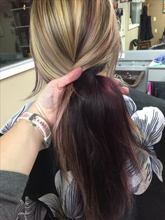 Deep plum underneath. Heavy blond foil with little pops of plum thruout! Plum Underneath Hair, Blonde Hair With Dark Purple Underneath, Blonde And Plum Hair, Plum And Blonde Hair, Reverse Peekaboo Hair, Plum Hair With Blonde Highlights, Dark Underneath Hair Light On Top, Blond Underneath, Blonde Hair On Top Dark Underneath