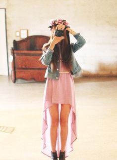 dress jacket gold belt heeled boots denim jacket mullet dress high-low dresses teen teenage teenager fashion long camera tumblr flower crown Pink High Low Dress, Mullet Dress, Alternative Rock, Soft Grunge, Dresses For Teens, Looks Style, Hippie Style, Cute Fashion, Teen Fashion