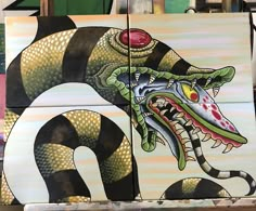 a painting of a snake with a red eye on it's head and tongue